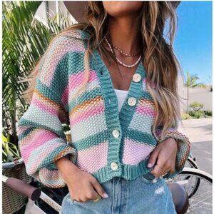 Show Me Your Mumu Good Karma Cardigan Crop Striped Pastel Boho Preppy Sz Small